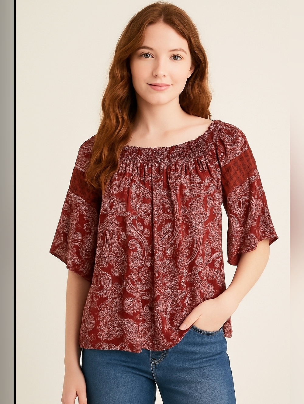 KNOX‎ Rose Burgundy Smocked Neck Boho Top